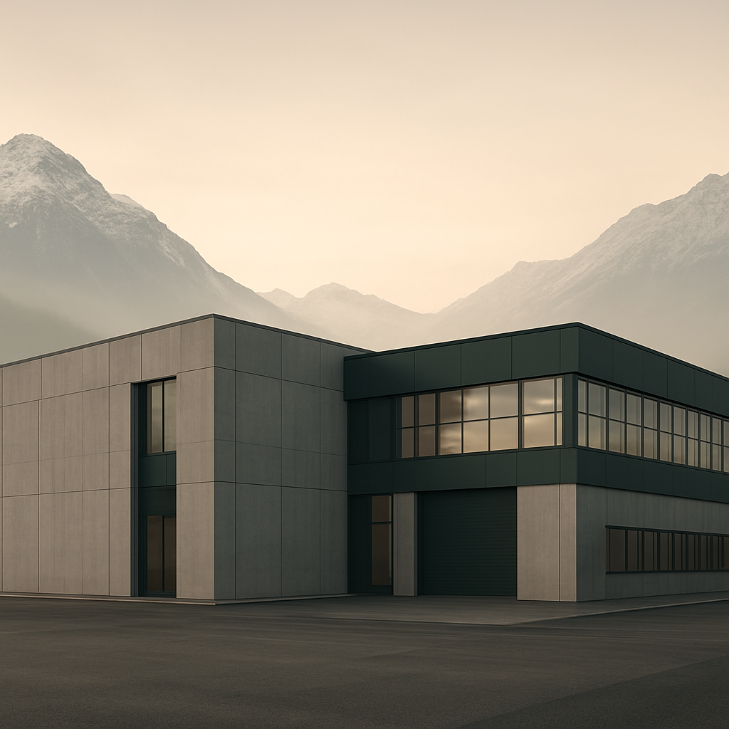 Produktionsanlage der Alpenmetzg AG vor Schweizer Alpenpanorama