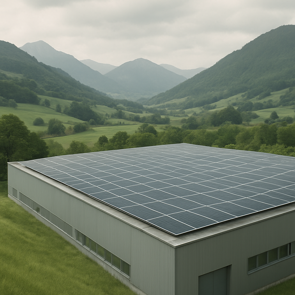 Solaranlage auf dem Produktionsgebäude vor Schweizer Hügellandschaft